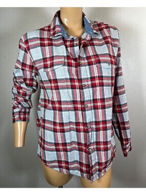 TallWoods Bruno Milano Womens Med Button Up Shirt Flannel Gray Red Plaid Cotton